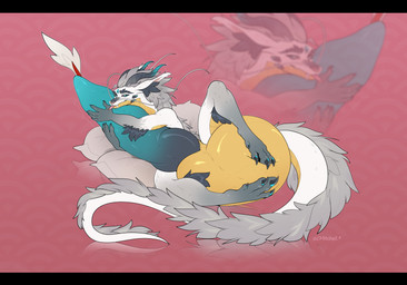 anthro belly big_belly big_penis black_bars blue_eyes cock_vore dark_claws fur genitals grey_body grey_fur grey_horn horn hyper long_tail male penile penis short_ears solo tail vore cmitchell mythology dragon mythological_creature mythological_scalie scalie hi_res letterbox
