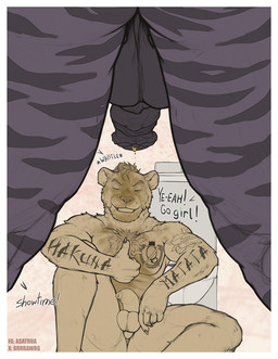 anthro arm_tattoo backsack balls biped bodily_fluids border chest_tattoo covered_in_piss dominant dripping duo eyes_closed foreskin genital_fluids genitals gesture hand_gesture humiliation interspecies interspecies_domination male male/male markings mole_(marking) muscular muscular_male nude nude_anthro nude_male peeing penis pointing pointing_at_self prison prisoner queen_of_spades_symbol smile tattoo thumbs_up unretracted_foreskin urine view_between_legs watersports white_border asatrua disney the_lion_king simba_(the_lion_king) equid equine felid feline horse lion mammal pantherine zebra digital_media_(artwork) hi_res