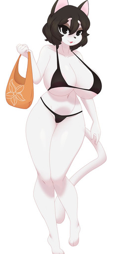 3_toes 5_fingers anthro areola areola_slip bag bangs big_breasts bikini black_bikini black_clothing black_eyes black_hair black_nose black_swimwear breasts brown_eyeshadow clothed clothing eyebrow_through_hair eyebrows feet female fingers fur hair holding_object navel open_mouth pink_areola simple_background skimpy solo swimwear tail toes translucent translucent_hair two-piece_swimsuit white_background white_body white_fur dullyarts unnamed_character domestic_cat felid feline felis mammal 2023 hi_res