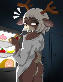 annoyed anthro antlers apple appliance banana beverage brown_body brown_fur butt cake clothing dessert drinking female food fridge fruit fur hair horn juice_(beverage) kitchen_appliance looking_away orange_eyes oversized_clothing oversized_topwear plant scut_tail short_tail solo tail topwear white_hair zebra10045 studio_wrong seeka_(studio_wrong) deer mammal hi_res