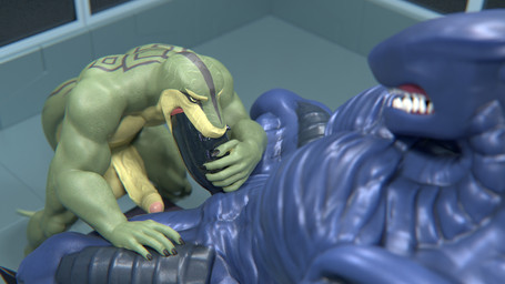anthro big_muscles big_penis biped black_penis blue_body bound cheek_bulge deep_throat duo erection fellatio foreskin genitals glans green_body green_scales half-closed_eyes hand_on_leg hand_on_penis hand_on_thigh humanoid_genitalia humanoid_penis hunched_over inside knot laboratory male male/male multicolored_body muscular muscular_male narrowed_eyes nude oral oral_penetration penetration penile penis pink_glans reverse_forced_fellatio scales sex sitting size_difference spiked_penis spikes spikes_(anatomy) spread_legs spreading standing teeth three-quarter_view two_tone_body unusual_anatomy unusual_genitalia unusual_penis vein veiny_penis yellow_body yellow_penis yellow_scales snekkuu alien_(franchise) kahliss karkhar alien aquatic fish hybrid reptile scalie shark snake xenomorph 16:9 2026 3d_(artwork) 4k absurd_res digital_media_(artwork) hi_res widescreen