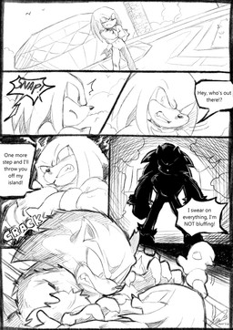 angry anthro biped clenched_teeth clothing dialogue duo fight gem gloves gloves_only hair handwear handwear_only larger_male long_hair male master_emerald mostly_nude muscular muscular_male outside size_difference smaller_male standing teeth text soina sega sonic_the_hedgehog_(series) sonic_unleashed knuckles_the_echidna sonic_the_hedgehog sonic_the_werehog echidna eulipotyphlan hedgehog mammal monotreme werecreature wereeulipotyphlan werehog 2025 absurd_res comic english_text hi_res monochrome