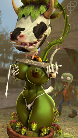 animal_print armwear bodily_fluids breasts clothing cow_print cowbell cowbell_collar duo female female_focus horn lactating leaf male plant plant_pot sharp_teeth sign solo_focus spikes teats teeth text udders ordinary_pictures electronic_arts maxis_(ea) the_sims cowplant_(the_sims) elemental_creature elemental_humanoid flora_fauna humanoid plant_humanoid undead zombie zombie_(plants_vs_zombies) 9:16 hi_res