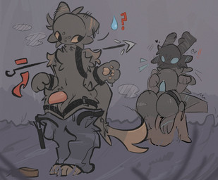 2_horns animal_genitalia animal_penis anthro balls biped blue_penis blue_sclera blush bottomwear bottomwear_down canine_genitalia canine_penis cheek_tuft chest_tuft clothed clothed_anthro clothed_male clothing digitigrade dog_tail duo empty_eyes facial_tuft front_view genitals handpaw head_tuft horn knot knotted_penis leg_strap male orange_sclera pants pants_down partially_clothed paws penis pink_penis sheath sitting slim slim_anthro slim_male standing steam tail tapering_tail topless topless_anthro topless_male tuft weapon_on_back dragonbooper casualties:_unknown rain_world videocult expie_(gunsawian) gunsawian scavenger_(rain_world) 2026 digital_drawing_(artwork) digital_media_(artwork) flat_colors hi_res pictographics