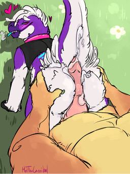 all_fours ambiguous_gender animal_genitalia animal_penis anthro anthro_on_anthro blue_tongue blush bodily_fluids bottomless bottomless_ambiguous bottomless_anthro breath butt clothed clothing cum cum_on_butt duo erection feathers flower genital_fluids genitals grass hand_on_butt heart_symbol hot_dogging male multicolored_body nude outside outside_sex penis plant purple_body sex tongue tongue_out topwear topwear_only meldritchhorror unknown_species hi_res