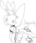 abdomen_grab ambiguous_gender antennae_(anatomy) anthro arthropod_abdomen beady_eyes disembodied_hand grope poking side_view simple_background smile solo text white_background unknown_artist nintendo pokemon generation_5_pokemon leavanny pokemon_(species) black_and_white monochrome