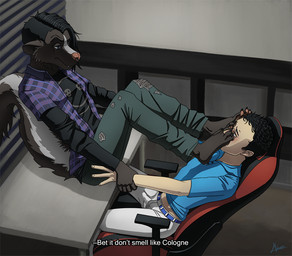 anthro black_body black_fur black_hair bottomwear bulge chair clothing detailed_background dominant dominant_anthro dominant_male duo erection erection_under_clothing feet foot_fetish foot_on_face foot_sniffing forced forced_sniffing fur furniture hair human_on_anthro humanoid_feet interspecies male male/male male_on_human male_on_top on_top pants pawpads plantigrade shirt sitting sniffing submissive submissive_human submissive_male table tenting topwear wrist_grab alakser andy_(alakser) human mammal mephitid skunk