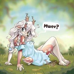 animal_noises anthro antlers black_nose black_text blue_clothing blue_dress blurred_background branch breasts clothing dress emanata eyelashes female forest forest_background grass green_eyes hair hooved_toes hooves horn leaf legs_together long_eyelashes long_hair looking_back markings nature nature_background on_grass on_ground open_mouth outside plant pose scut_tail short_tail sitting solo speech_bubble spots spotted_markings tail text tree white_hair white_legs white_speech_bubble buup laurel_(buup) deer elemental_creature flora_fauna mammal 2026 digital_drawing_(artwork) digital_media_(artwork) hi_res signature