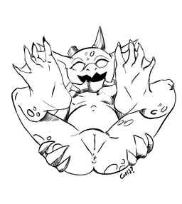 anthro anus belly butt eyes_closed feet female fin genitals hand_on_butt happy horn legs_up looking_at_viewer lying membrane_(anatomy) navel non-mammal_navel nude on_back outie_navel presenting presenting_anus presenting_hindquarters presenting_vulva soles solo toes vulva webbed_feet unknown_artist don't_starve klei_entertainment wurt_(don't_starve) aquatic fish merm monochrome