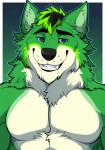 anthro biceps blue_eyes fur green_body green_fur green_hair hair male multicolored_body multicolored_fur muscular muscular_anthro muscular_male pecs smile solo teeth tuft white_body white_fur aluminemsiren zavryn canid canine canis mammal wolf half-length_portrait portrait