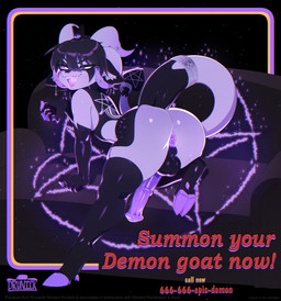 advertisement animal_genitalia animal_penis anthro anus backsack balls big_butt butt equine_genitalia equine_penis erection femboy genitals horn looking_at_viewer male nude occult_symbol open_mouth penis pentagram smile solo symbol tail text drunkrussianman bovid caprine demon goat imp mammal absurd_res english_text hi_res