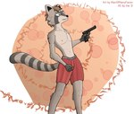 abstract_background absurd_res anthro arm_tuft bottomwear clothed clothing elbow_tuft gun handgun hi_res holding_gun holding_handgun holding_object holding_pistol holding_ranged_weapon holding_weapon male mammal manofmanyfaces pistol procyonid raccoon ranged_weapon red_bottomwear red_clothing red_shorts shaded shorts shorts_only soft_shading solo standing topless tuft weapon
