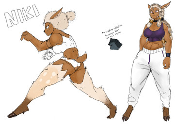 anthro bottomwear bra bracelet brown_body brown_fur clothing dreadlocks female fighting_pose floppy_ears fur jewelry pants pose scar serious_face shorts solo sports_bra text underwear goonie-san goon_(goonie_san) niki_(goonie-san) canid canine canis deer domestic_dog mammal hi_res