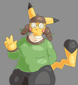 anthro black_bottomwear black_clothing black_ears black_pants black_tail blush blush_stickers bottomwear breasts brown_hair clothing cosplay_pikachu_(costume) dipstick_ears ear_markings eyewear female fur gesture glasses green_clothing green_shirt green_topwear hair hand_gesture long_ears long_tail multicolored_ears pants pigtails red_cheeks round_glasses shirt slightly_chubby slightly_chubby_female spiral_glasses tail thick_thighs topwear two_tone_ears two_tone_tail v_sign wide_hips yellow_body yellow_ears yellow_fur yellow_tail jurynav nintendo pokemon cosplay_pikachu_(character) pikachu_ph._d generation_1_pokemon pikachu pokemon_(species) hi_res
