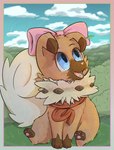 accessory bow_accessory bow_ribbon female feral fur open_mouth scarf smile solo tail tongue pawoo nintendo pokemon canid canine generation_7_pokemon mammal pokemon_(species) rockruff digital_media_(artwork) hi_res