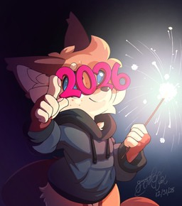 anthro blue_eyes bottomless clothed clothing eyewear freckles fur glasses holidays hoodie hoodie_only inner_ear_fluff looking_at_viewer novelty_glasses orange_body orange_fur pawpads pink_pawpads smile solo sparkler topwear topwear_only tuft gingy_k_fox new_year new_year_2026 gingy_(gingy_k_fox) canid canine fox mammal 2025 hi_res shaded signature