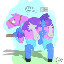 anthro anus balls blush bodily_fluids butt butt_focus butt_grab duo genital_fluids genitals hand_on_butt holding_butt hooves intersex intersex/male leaking leaking_precum male precum presenting presenting_hindquarters simple_background speech_bubble spread_butt spreading steam text aimskull epic_games fortnite fortnite:_battle_royale anon loot_llama_(fortnite) camelid human llama mammal 1:1 absurd_res hi_res signature