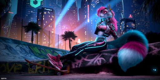 anthro bottomwear city clothed clothing collar detailed_background ear_piercing ear_tag female fluffy fluffy_tail fur graffiti grey_body grey_fur hair jacket night nipple_outline palm_tree pants piercing pink_body pink_eyes pink_fur pink_hair pink_nose plant skate_park skateboard smile solo tail text text_on_bottomwear text_on_clothing text_on_pants topwear tree vehicle zorryn canid canine fox mammal 2021 2:1 3d_(artwork) cinema_4d_(artwork) digital_media_(artwork) hi_res watermark