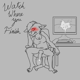 accident anthro blush bodily_fluids bottomless bottomless_anthro breasts broken_screen chair clothed clothing computer covering covering_face cum cum_drip cum_dripping_from_penis cum_on_object cum_on_penis cum_on_screen desk dripping electronics embarrassed furniture genital_fluids genitals gynomorph intersex multiple_piercings office_chair penis piercing regret sitting solo table text weenpeen aurelia_(weenpeen) canid canine canis mammal wolf 1:1 english_text hi_res line_art monochrome
