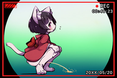 3_toes anthro asian_clothing black_hair bodily_fluids border bottomless bottomless_anthro bottomless_female camera_hud camera_overlay camera_view clothed clothing crouching east_asian_clothing feet female female_anthro female_peeing fur genital_fluids gradient_background hair hands_on_knees hands_on_legs japanese_clothing kemono kimono loli looking_at_viewer paws peeing peeing_on_ground purple_eyes recording recording_video red_border side_view simple_background solo tail toes urine urine_on_ground urine_stream watersports white_body white_fur young young_anthro young_female omunikin setsu_(omunikin) domestic_cat felid feline felis mammal 2016 3:2 digital_drawing_(artwork) digital_media_(artwork) full-length_portrait portrait shaded