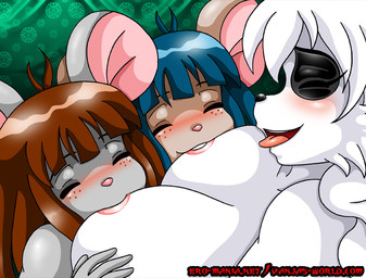 anthro big_breasts blue_hair breast_play breast_suck breastfeeding breasts brown_hair collaborative collaborative_breastfeeding female female/female freckles group hair sucking tongue tongue_out trio vanja bear giant_panda mammal murid murine rat rodent