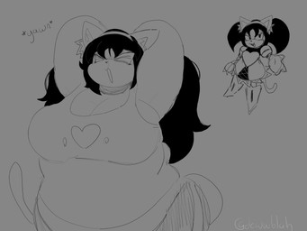 accessory anthro before_and_after belly big_belly big_breasts black_nose bottomwear breasts brown_hair cleavage clothed clothing curled_tail dress eyes_closed female female_anthro grey_background hair hair_accessory hairband hands_behind_head heart_symbol huge_breasts long_tail looking_at_viewer onomatopoeia open_mouth overweight overweight_anthro overweight_female pants pigtails raised_arms shirt simple_background solo sound_effects standing stretching tail tank_top text topwear weight_gain wide_hips yawn dewwblah sega sonic_the_fighters sonic_the_hedgehog_(series) honey_the_cat domestic_cat felid feline felis mammal 2026 4:3 digital_drawing_(artwork) digital_media_(artwork) english_text greyscale hi_res monochrome sketch watermark