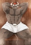 2_horns abs anthro biceps bodily_fluids horn male muscular muscular_anthro muscular_male nipples pecs sauna solo sweat tail towel towel_only fu_ren_chi lifewonders tokyo_afterschool_summoners gyumao_(tas) bovid bovine cattle mammal hi_res