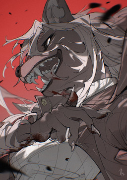 5_fingers anthro black_sclera blood blood_on_hand bodily_fluids claws clothing coat fangs female finger_claws fingers grey_hair gums hair looking_at_viewer open_mouth open_smile red_background simple_background smile solo sweater teeth topwear white_clothing white_eyes white_sweater white_topwear wraps wrist_wraps chiayeeee canid canine canis mammal wolf 2025 bust_portrait digital_drawing_(artwork) digital_media_(artwork) hi_res portrait signature