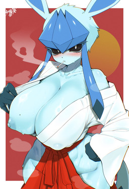 anthro areola biped black_nose black_sclera blue_body blue_fur blush bodily_fluids breasts cigarette clothing female fingers fur looking_at_viewer nipples simple_background solo sweat white_eyes shaolin_bones nintendo pokemon eeveelution generation_4_pokemon glaceon pokemon_(species) hi_res