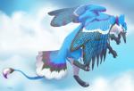 aerial beak black_beak blue_body blue_feathers claws cloud feathers female feral open_beak open_mouth pounce simple_background solo wings tiziri mythology avian bird blue_jay corvid felid gryphon jay_(bird) mammal mythological_avian mythological_creature new_world_jay oscine passerine