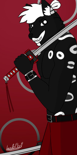 5_fingers accessory anthro bared_teeth belt belt_buckle belt_loop black_arms black_body black_chest black_ears black_eyes black_fur black_hands black_head black_inner_ear black_nose black_outline bottomwear buckle clothed clothed_anthro clothed_male clothing eyebrow_slit eyebrows fangs fangs_bared featureless_chest fingers fur gradient_background grey_body grey_fur grey_spots hair hair_accessory hair_tie holding_katana holding_melee_weapon holding_object holding_sword holding_weapon inner_ear_fluff katana leopard_spots lipless looking_at_viewer male male_anthro markings melee_weapon metal multicolored_body multicolored_fur multicolored_spots muscular muscular_anthro muscular_male no_eyelashes outline pants partially_clothed partially_clothed_anthro partially_clothed_male pecs pose red_background red_bottomwear red_clothing red_pants shadow simple_background simple_coloring smile smiling_at_viewer solo spots spotted_body spotted_fur standing sword teeth text topless tuft weapon white_body white_fur white_hair white_hair_tie white_inner_ear_fluff white_sclera white_spots landofloof lando_(landofloof) canid canine canis felid hybrid mammal pantherine snow_leopard wolf 2025 absurd_res artist_name colored digital_drawing_(artwork) digital_media_(artwork) hi_res portrait restricted_palette shaded signature simple_shading three-quarter_portrait wallpaper