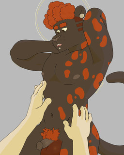 anthro black_body black_fur brown_eyes ear_piercing eyebrows facial_piercing flesh_tunnel full_body_tattoo fur gauged_ear grey_background hair hand_on_belly hand_on_neck labret_piercing lip_piercing long_tail looking_down male nipples nude piercing pubes red_hair simple_background solo tail whisker_spots p_rindustries gale_(p_rindustries) wynn_(p_rindustries) felid mammal pantherine 2023 4:5 hi_res signature