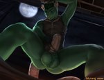 anthro aroused ball_tuft balls black_hair body_hair bottomwear bottomwear_down clothed clothing collar ear_piercing erection fingerless_gloves foreskin fur genitals gloves green_body green_eyes green_fur green_hair hair handwear holding_penis humanoid_genitalia humanoid_penis leaning_against_wall leather leather_clothing leather_topwear leather_vest low-angle_view male male/male moon night pants pants_down partially_clothed penis piercing presenting presenting_balls presenting_penis pubes solo spiked_collar spikes thick_foreskin thick_penis topwear tuft vest bitfang pawsta_(character) mammal murid murine rat rodent 2025 absurd_res digital_media_(artwork) hi_res