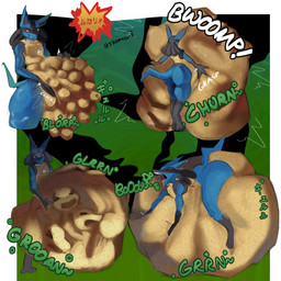 abstract_background ambiguous_gender ambiguous_pred ambiguous_prey anthro anthro_pred belly belly_grab big_belly big_butt black_face black_feet black_hands black_inner_ear blorp blue_arms blue_ears blue_mouth blue_neck blue_tail blue_thighs burping butt chest_spike churn churning digestion digestion_sequence fatal_vore feet groaning_belly hand_on_belly hand_spike huge_belly open_mouth pokeball_activation_inside pokeball_vore rumbling_stomach skull_symbol solo spikes spikes_(anatomy) tail text tongue tongue_out vore troppygutz nintendo pokemon generation_4_pokemon lucario pokemon_(species) 1:1 hi_res japanese_text signature