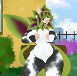 anthro belly black_body black_fur breasts building female fur genitals holding_breast horn house nipples nude plant pussy sky slightly_chubby slightly_chubby_female solo tail teeth thick_thighs tongue tongue_out white_body white_fur tsukipaw electronic_arts maxis_(ea) sims_4 the_sims bovid bovine cattle cowplant_(the_sims) mammal absurd_res hi_res