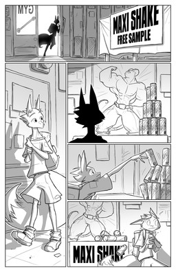 anthro backpack beverage_can biped border bottomwear clothed clothing fluffy fluffy_tail gym male poster skinny solo tail text topwear white_border conditional_dnp jollyjack dog_fox_(character) canid canine fox mammal 2012 absurd_res comic digital_media_(artwork) hi_res monochrome