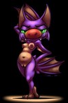 anthro belly big_nose black_background breasts female genitals glowing glowing_eyes green_eyes looking_at_viewer medium_breasts navel nipples nude pose purple_body pussy red_nose short_stack simple_background solo standing tan_body winged_arms wings bassybefuddle conditional_dnp playtonic_games yooka-laylee laylee bat mammal hi_res