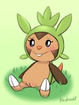 blue_eyes blush brown_body eyelashes female feral genitals grass green_background green_body plant pussy sheepish_grin simple_background solo heshieokf nintendo pokemon chespin generation_6_pokemon pokemon_(species) hi_res signature