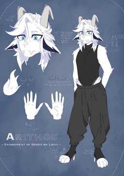 4_toes anthro clothed clothing eyewear fangs feet footwear fur glasses high_heels horn male shoes solo standing teeth text toes white_body white_fur t3ars arithos bovid caprine goat mammal absurd_res english_text hi_res model_sheet