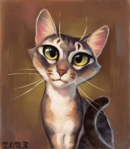ambiguous_gender big_pupils black_stripes feral fur green_eyes grey_body grey_fur markings multicolored_body multicolored_fur pupils quadruped red_nose sitting solo striped_markings striped_tail stripes tail tail_markings tan_body tan_fur whisker_spots whiskers white_body white_fur alexpahomov domestic_cat felid feline felis mammal 2023 digital_media_(artwork) digital_painting_(artwork) painting_(artwork)