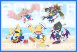 anthro black_body black_fur blue_border border brown_body brown_fur feral food fruit fur group heterochromia horn long_ears male melon plant sailor_uniform segmented_body watermelon yellow_body kuso_800t bandai_namco digimon digimon_survive agumon_(survive) dracmon_(survive) falcomon_(survive) kunemon_(survive) lopmon_(survive) agumon demon digimon_(species) dracmon falcomon humanoid kunemon lopmon