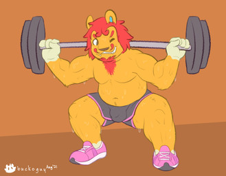 athletic_wear bodily_fluids bottomwear bulge clothing exercise facial_hair gym_bottomwear gym_shorts male shorts solo sweat weightlifting workout nutty_bo animal_crossing nintendo rory_(animal_crossing) felid lion mammal pantherine hi_res
