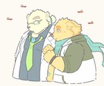 anthro belly cigarette clothing coat duo eyebrows fur hoodie lab_coat male overweight overweight_male scarf smoking thick_eyebrows topwear white_body white_fur yellow_body yellow_fur mmontagne lifewonders tokyo_afterschool_summoners cu_sith_(tas) leib_(tas) arthropod bear bird_dog canid canine canis domestic_dog dragonfly golden_retriever hunting_dog insect mammal polar_bear retriever ursine