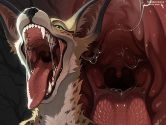 anthro blonde_hair bodily_fluids drooling fangs feral fur green_eyes hair long_ears male mane mouth_shot open_mouth pink_mouth pink_tongue saliva snout solo teeth throat tongue uvula vore yellow_body yellow_fur hoffersanchez canid canine cheetah felid feline fennec_fox fox mammal true_fox digital_drawing_(artwork) digital_media_(artwork) hi_res