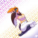 ambiguous_gender anthro biped blush bottomless clothed clothing feathers green_eyes kneeling navel orange_body orange_feathers solo text white_body white_feathers ovorange cerceta avian bird english_text hi_res