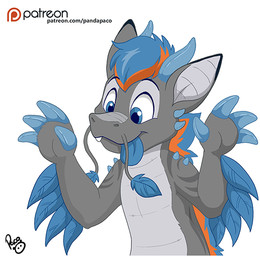 anthro arm_feathers blue_eyes blue_hair blue_horn blue_tongue fangs front_view glistening glistening_eyes hair horn logo male male_anthro mouth_closed multicolored_hair nude orange_hair patreon_logo short_hair simple_background solo teeth text tongue tongue_out two_tone_hair white_background young young_anthro young_male pandapaco mythology patreon dragon mythological_creature mythological_scalie scalie artist_logo half-length_portrait portrait signature url