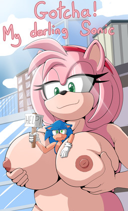 anthro big_breasts breasts city city_background duo extreme_size_difference eyelashes female fur green_eyes holding_breast holding_object holding_sign looking_at_viewer macro male male/female micro nipples nude nude_female pink_body pink_fur sign size_difference smile tan_body foxkai macro_march sega sonic_the_hedgehog_(series) amy_rose sonic_the_hedgehog eulipotyphlan hedgehog mammal absurd_res hi_res