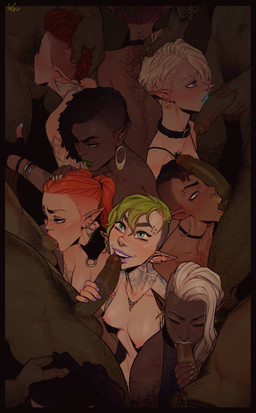 ball_suck breasts dark_body dark_skin deep_throat ear_piercing ear_ring erection faceless_character faceless_male fellatio female foreskin genitals group handjob human_on_humanoid humanoid_pointy_ears interspecies light_body light_skin lipstick lipstick_on_penis makeup male male/female nipples not_furry oral oral_penetration penetration penile penis piercing pointy_ears ring_piercing sex sucking tattoo undercut incase elf human humanoid mammal orc hi_res