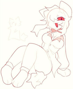 anthro bow_tie breasts chest_tuft chibi clothing coat eyebrows female fluffy fluffy_tail hair hair_over_eye hands_on_ground lab_coat long_hair one_eye_obstructed raised_eyebrow red_eyes red_mouth simple_background sitting solo tail topwear tuft joycawn reverse_fluff domestic_cat felid feline felis mammal