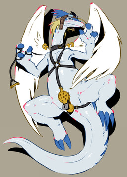 anthro aviator_cap belt belt_collar blonde_hair blue_body blue_eyes blush chastity_device claws feathered_wings feathers furgonomics furry-specific_piercing hair leash long_neck looking_at_viewer lying male mostly_nude multicolored_body on_back piercing semi-anthro simple_background slit_chastity solo spread_legs spreading tail thick_tail toe_claws two_tone_body white_body wing_piercing wings flookz legendz mythology shiron dragon mythological_creature mythological_scalie scalie windragon 2026 hi_res